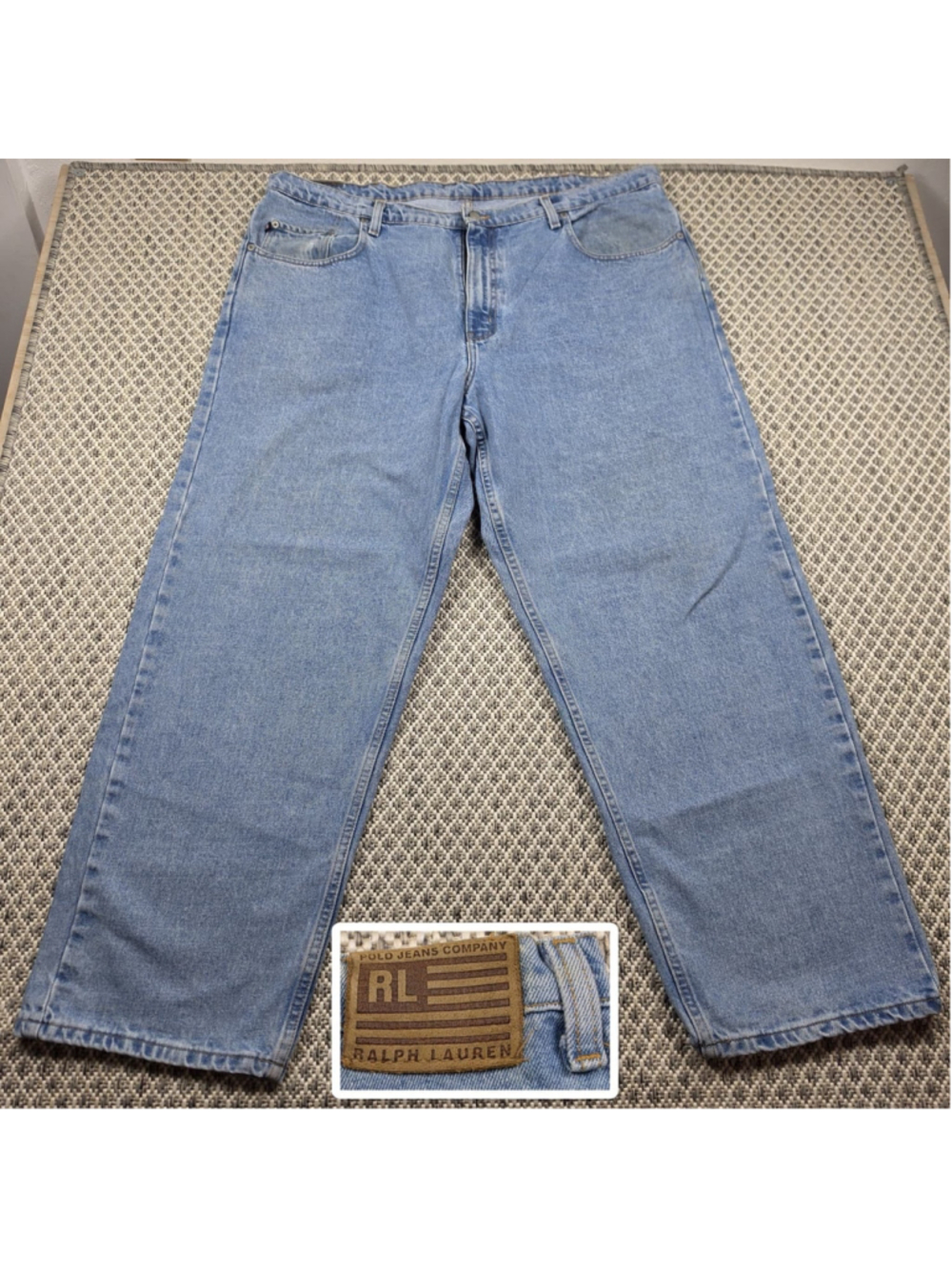 Vintage Polo Jeans Co Ralph Lauren Light Wash Denim Jeans Mens 42x30 USA Flag